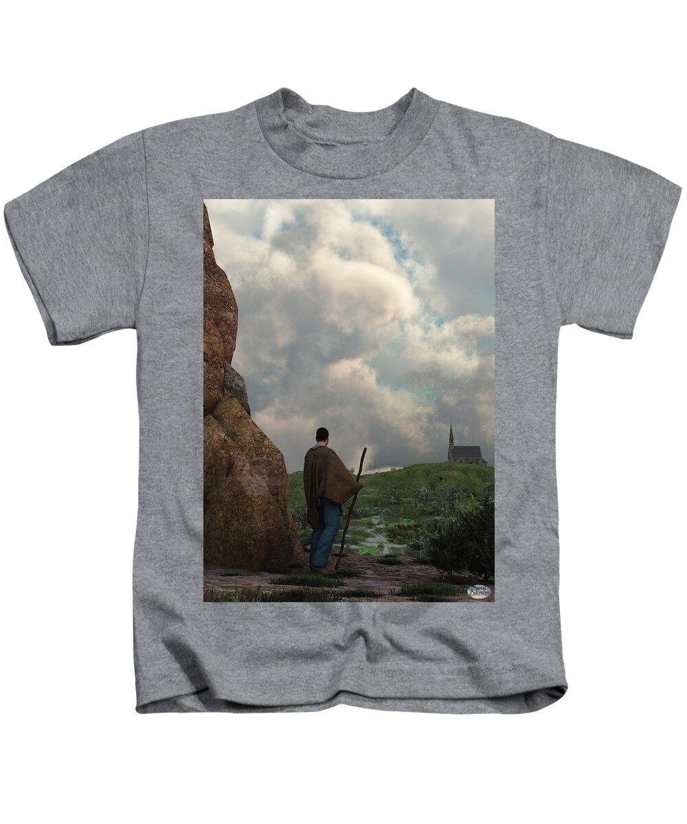 Hiking Kids T-Shirt featuring the digital art The Distant Chapel by Daniel Eskridge