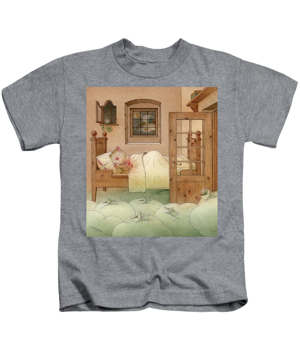 Cat Night Dream Green Brown Fantasy Sleep Kids T-Shirt featuring the painting The Dream Cat 10 by Kestutis Kasparavicius