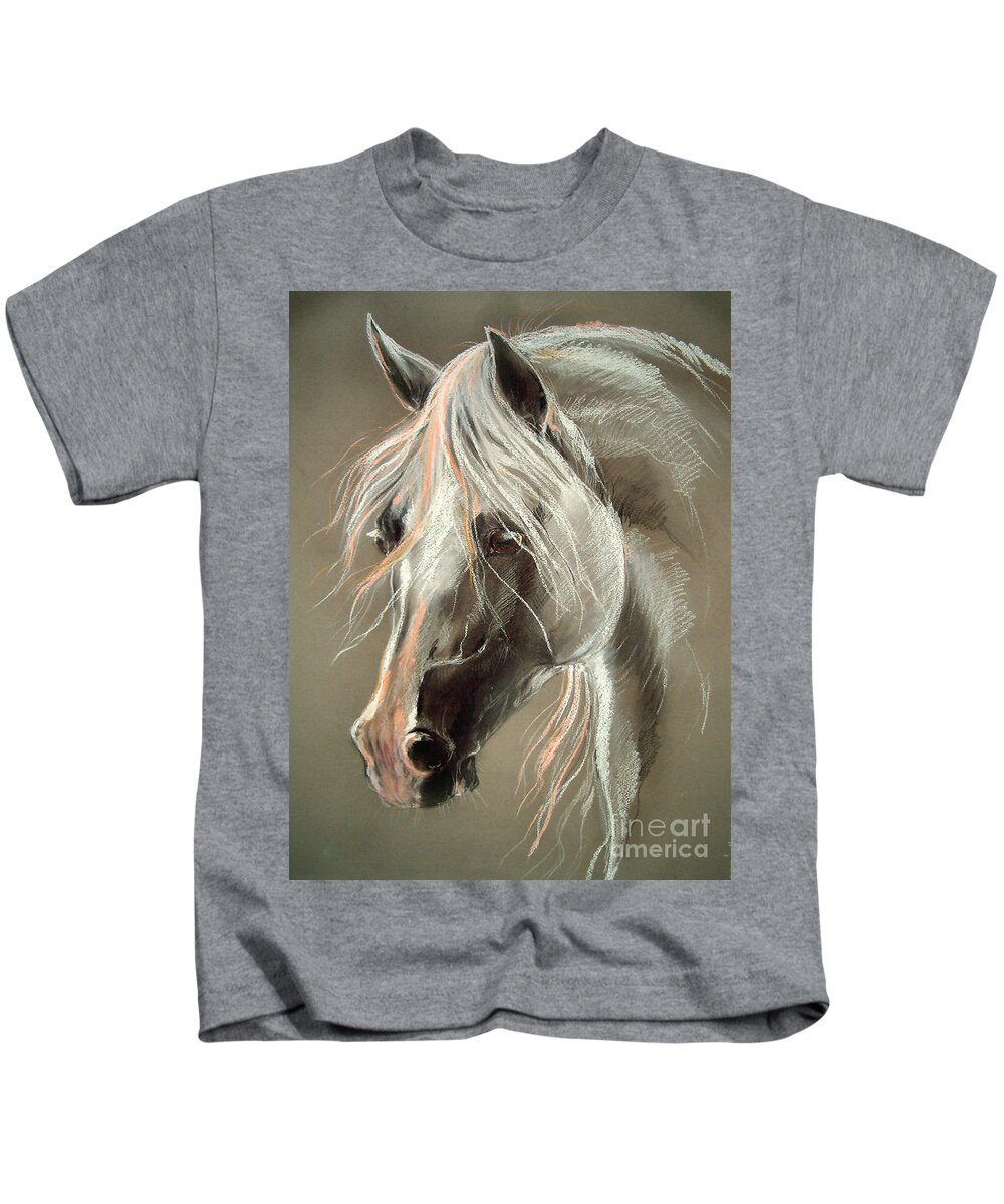 Pastel Kids T-Shirt featuring the drawing The Grey Horse Soft Pastel by Ang El