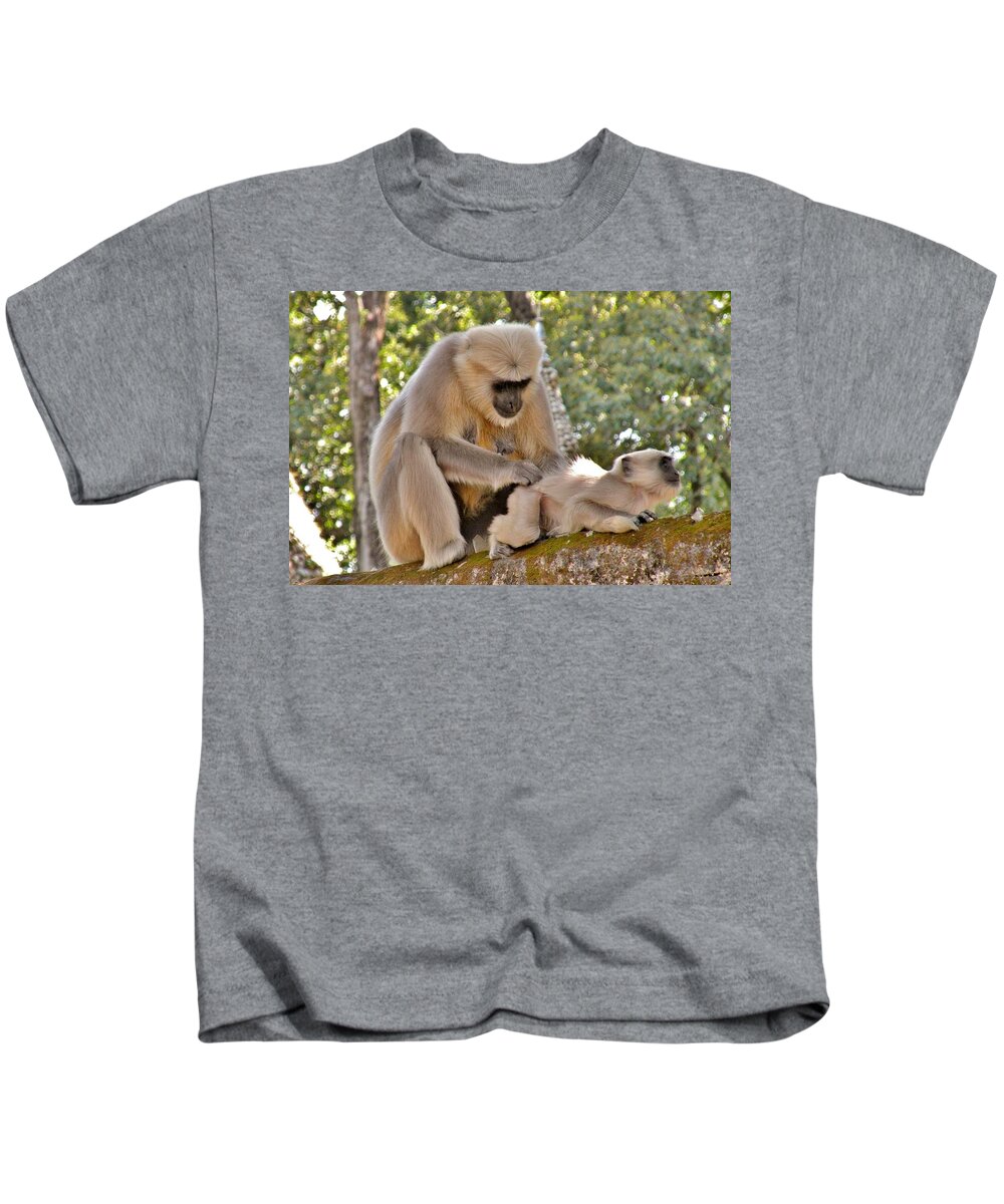 Monkey Kids T-Shirt featuring the photograph There is Nothing Like a Backscratch - Monkeys Rishikesh India by Kim Bemis