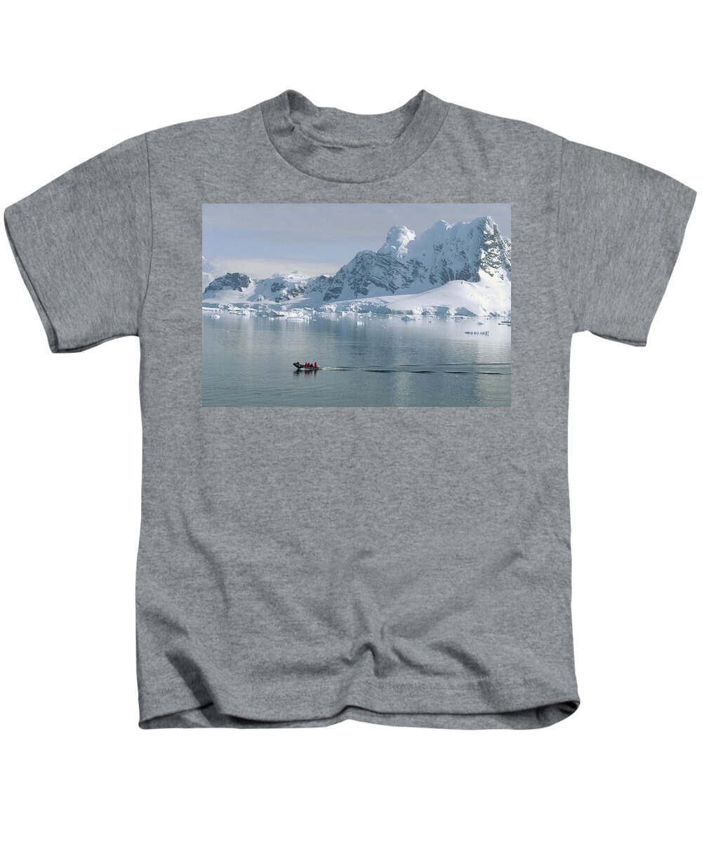 Feb0514 Kids T-Shirt featuring the photograph Tourists In Zodiac Boat Paradise Bay by Konrad Wothe