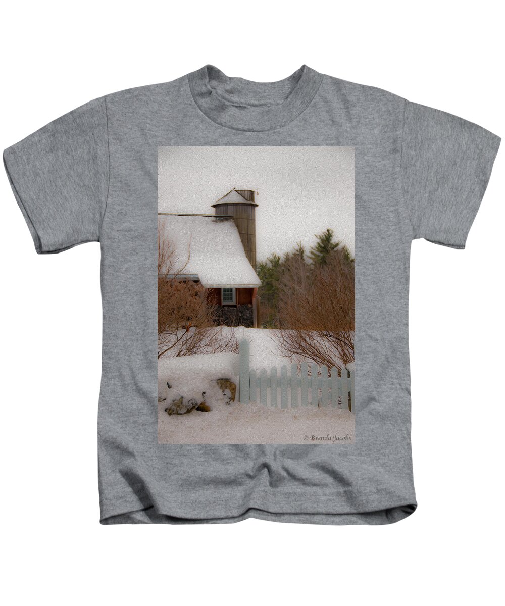 Barn Doors Kids T-Shirt featuring the photograph Tuftonboro Farm in Snow by Brenda Jacobs