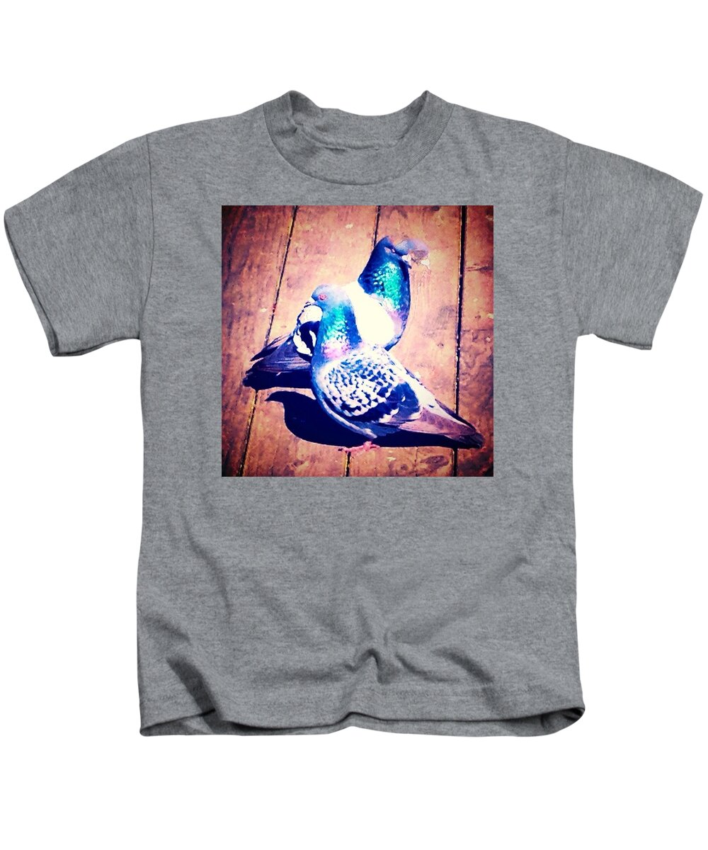 Two Pigeons And A Ghost Kids T-Shirt featuring the photograph Two Pigeons And A Ghost by Anna Porter