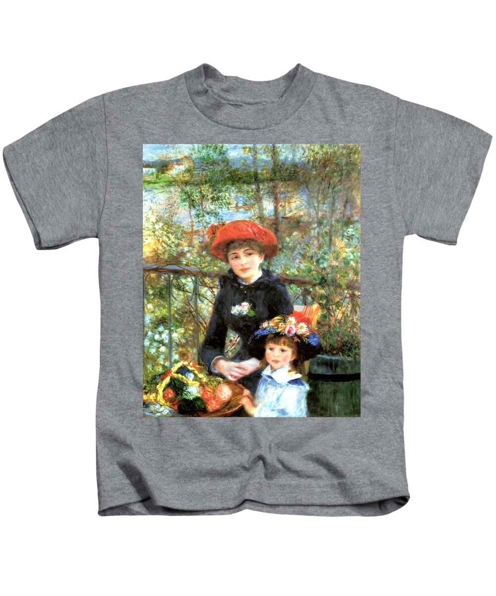 Pierre-auguste Renoir Kids T-Shirt featuring the digital art Two Sisters on the Terrace by Pierre-Auguste Renoir