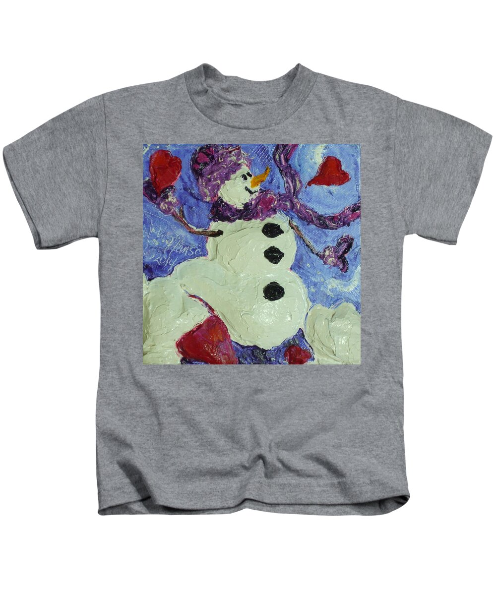 Snowman Kids T-Shirt featuring the painting Valentine's Day Hearts Snowman by Paris Wyatt Llanso