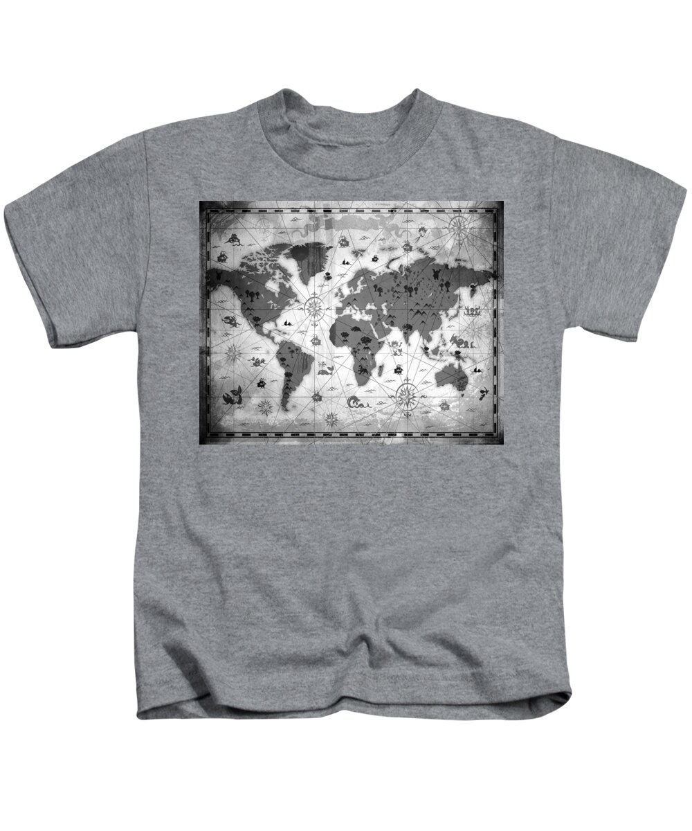 Texture Kids T-Shirt featuring the mixed media Whimsical World Map BW by Angelina Tamez