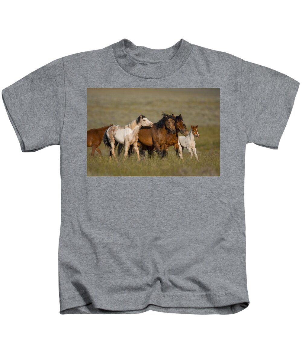 Feb0514 Kids T-Shirt featuring the photograph Wild Horse Herd Running Wyoming by Tom Vezo