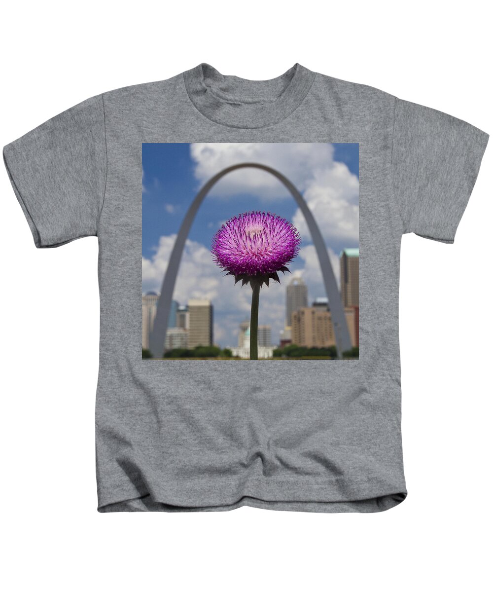St. Louis Kids T-Shirt featuring the photograph Wild Thistle and the Arch by Garry McMichael