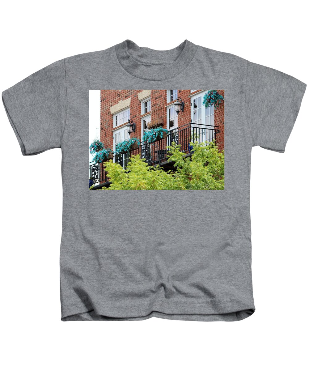 Balcony Kids T-Shirt featuring the photograph Blue Flowers On A Balcony by Cynthia Guinn