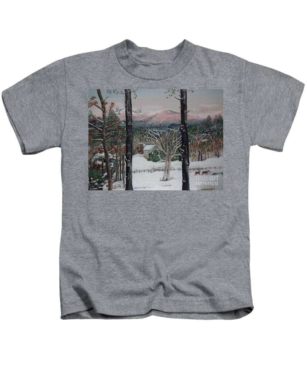Winter.appalachian Kids T-Shirt featuring the painting Winter - Cabin - Pink Knob by Jan Dappen