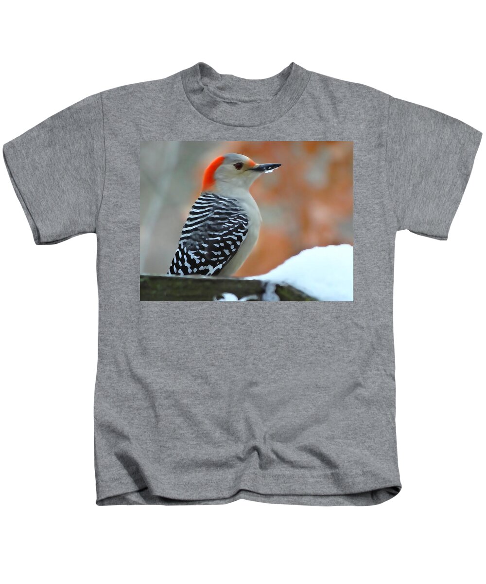 Birds Kids T-Shirt featuring the photograph Woodpecker in Winter by David T Wilkinson