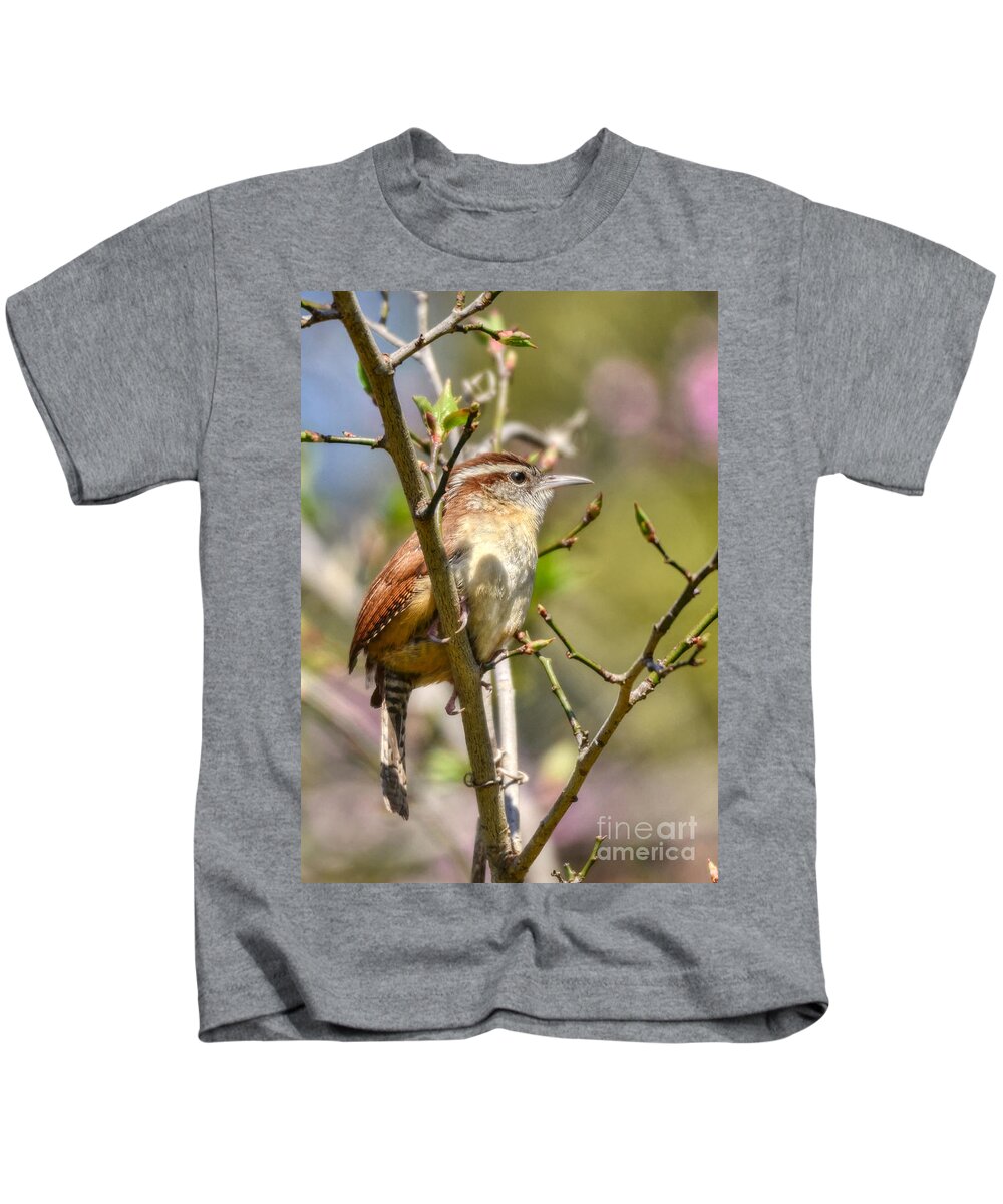 Birds Kids T-Shirt featuring the photograph Wren In Spring by Kathy Baccari