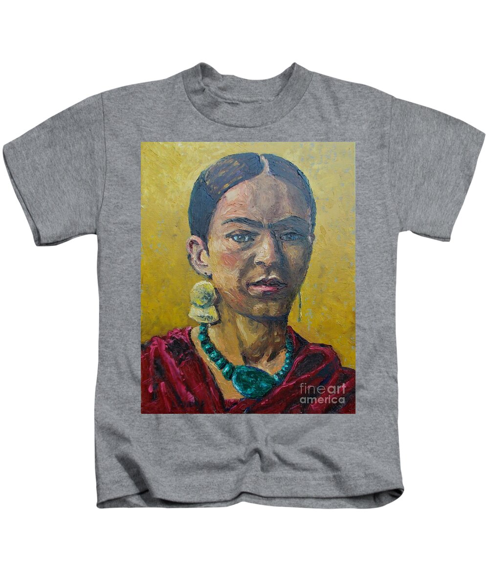 Woman Kids T-Shirt featuring the painting Yellow Frida by Lilibeth Andre