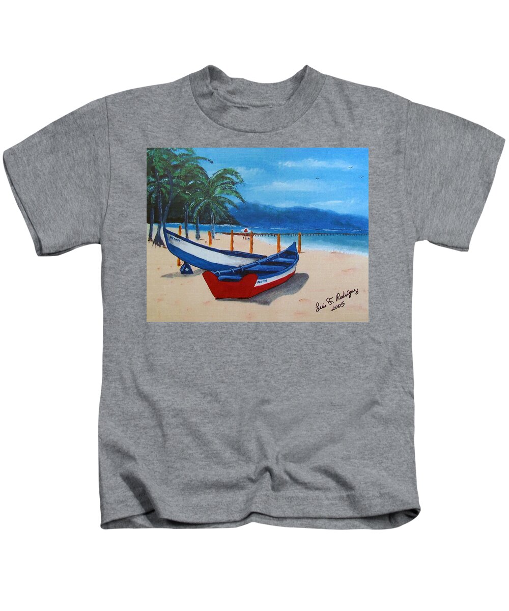 Yolas Kids T-Shirt featuring the painting Yolas At Crashboat Beach by Luis F Rodriguez