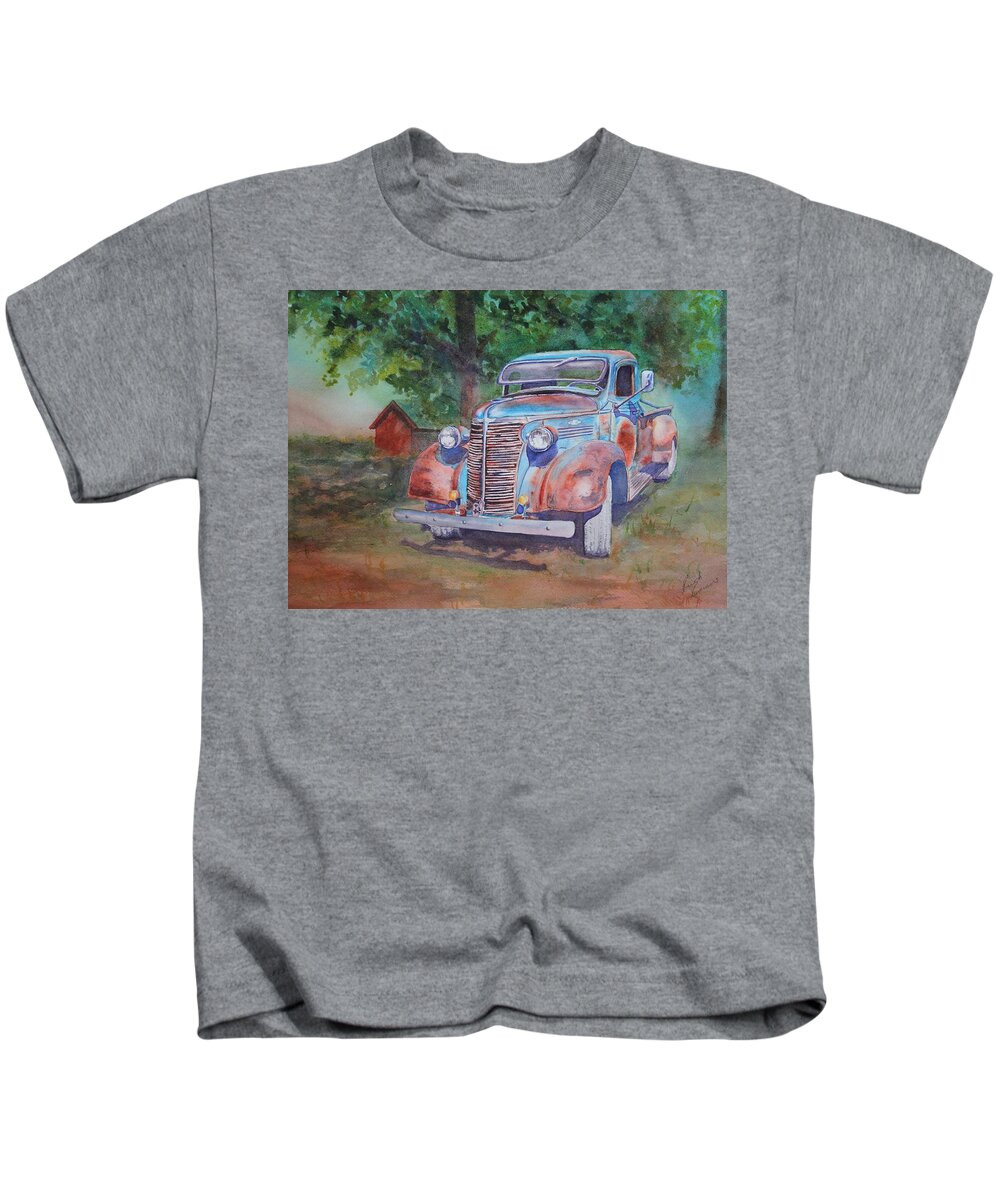Old Truck Kids T-Shirt featuring the painting '38 Chevy #38 by Ruth Kamenev