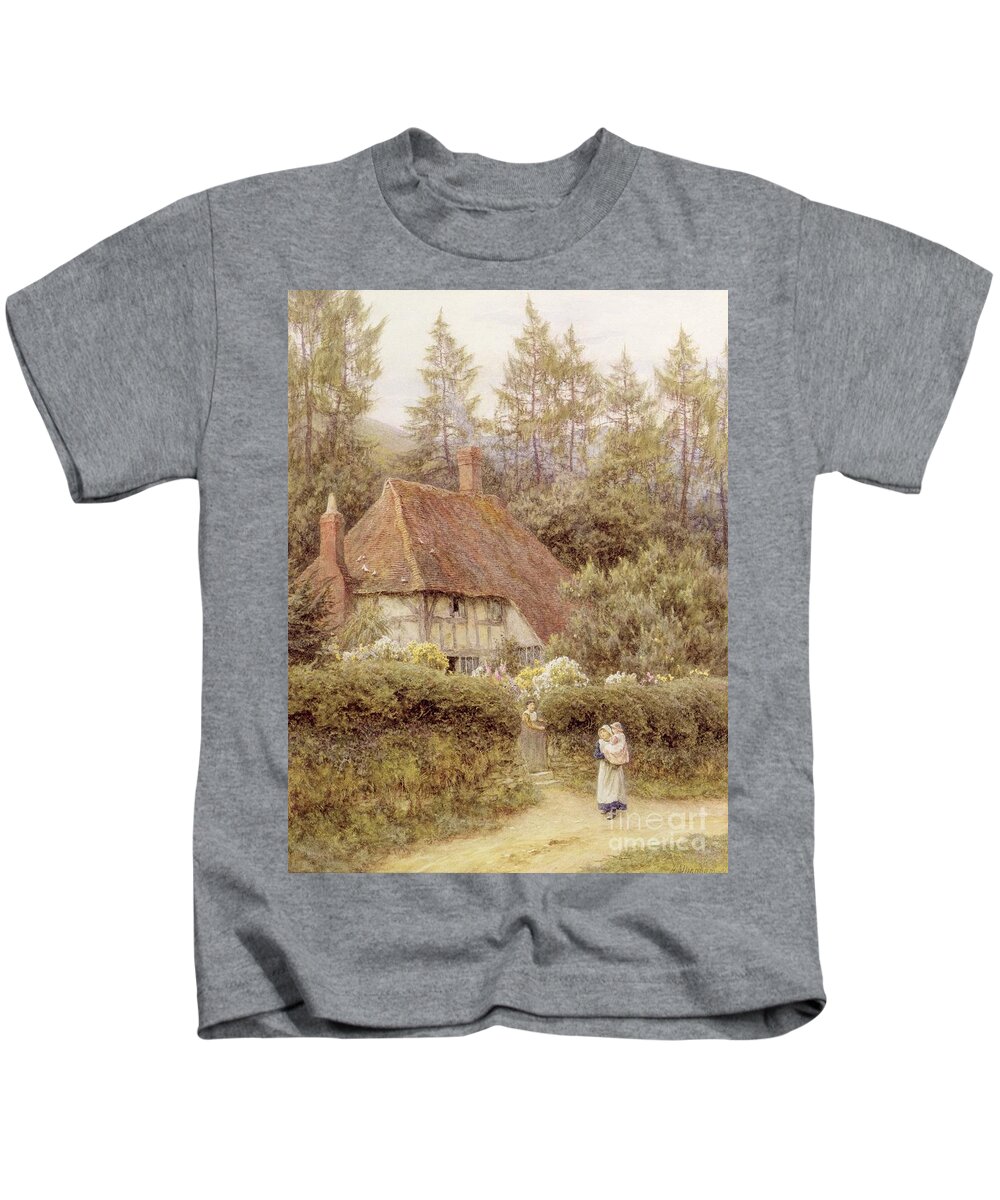 Mother And Child; Gate; Rural Scene; Country; Countryside; Home; House; Path; Garden; Wildflowers; Picturesque; Idyllic; Daughter; Timber Frame; Half-timbered; Children; Female Kids T-Shirt featuring the painting A Cottage near Haslemere by Helen Allingham