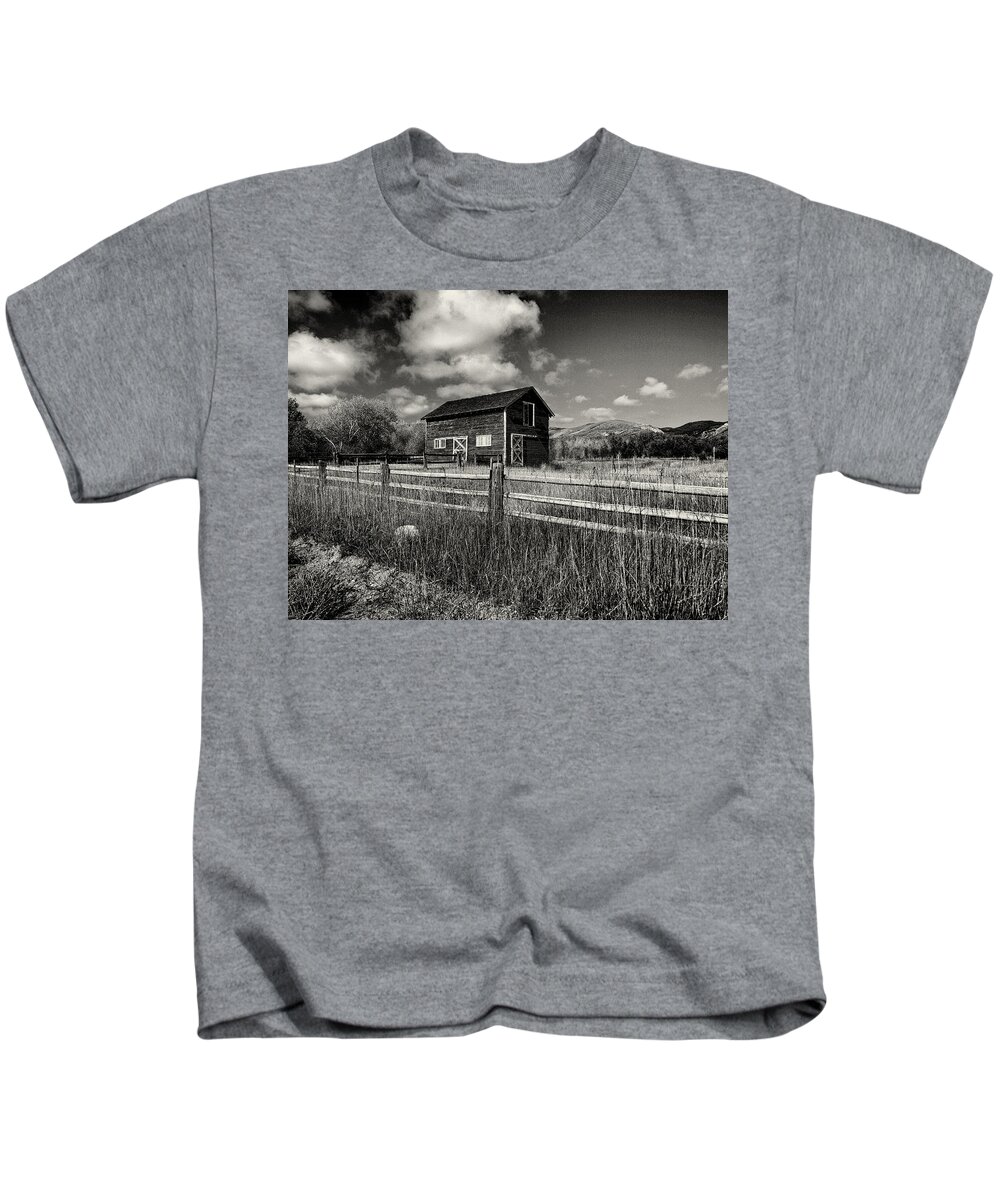 Utah Kids T-Shirt featuring the photograph Autumn Barn Black and White by Joshua House