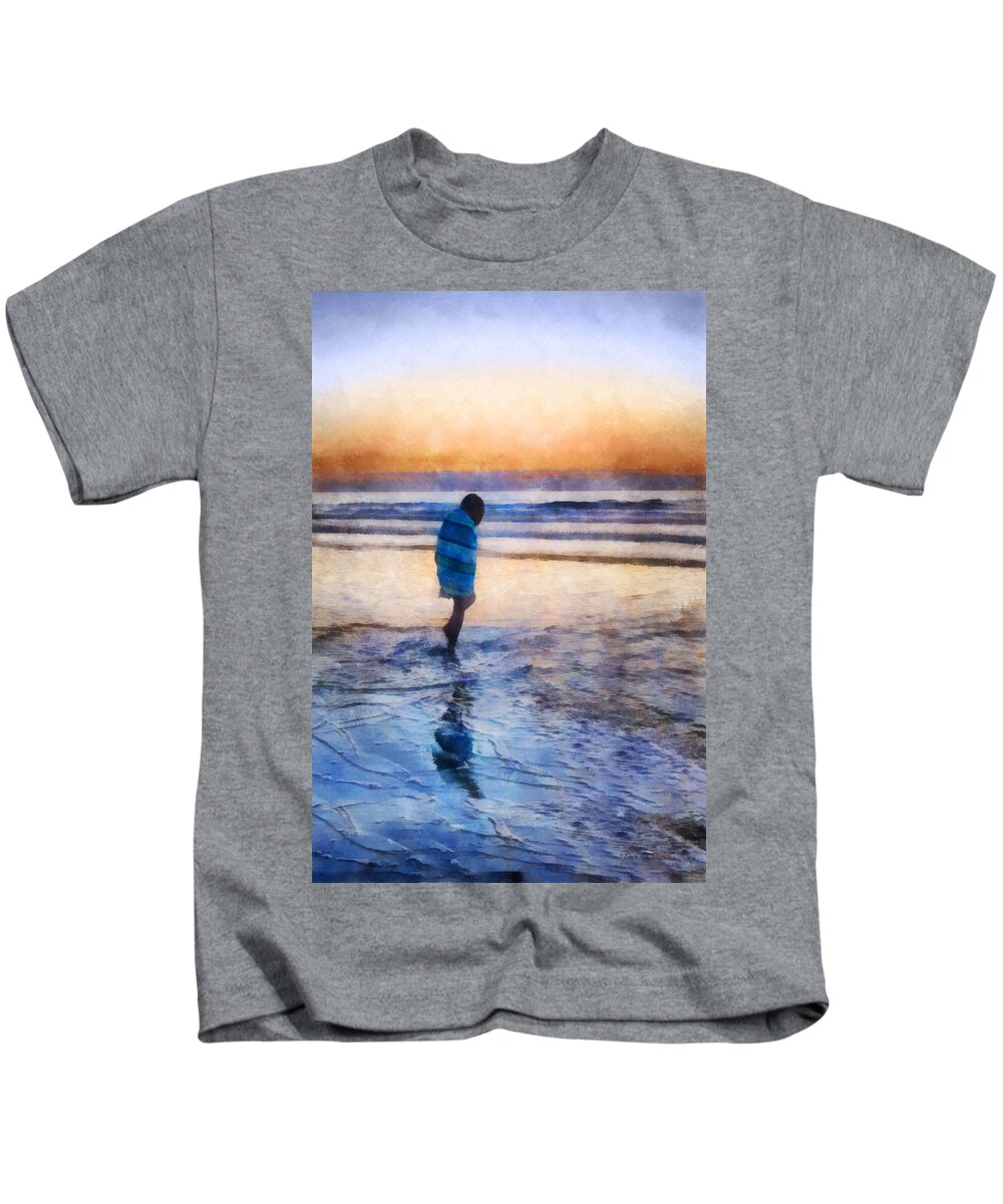 Beach Kids T-Shirt featuring the digital art Beach Stroll on a Chilly Morning by Frances Miller