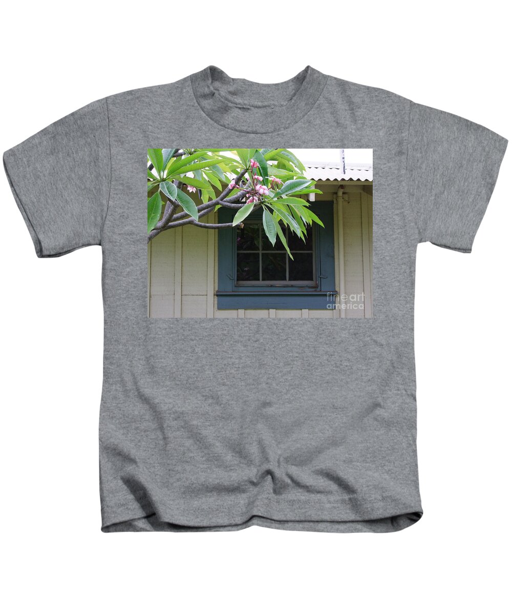 Mary Deal Kids T-Shirt featuring the photograph Beautiful Plumeria at the Window by Mary Deal