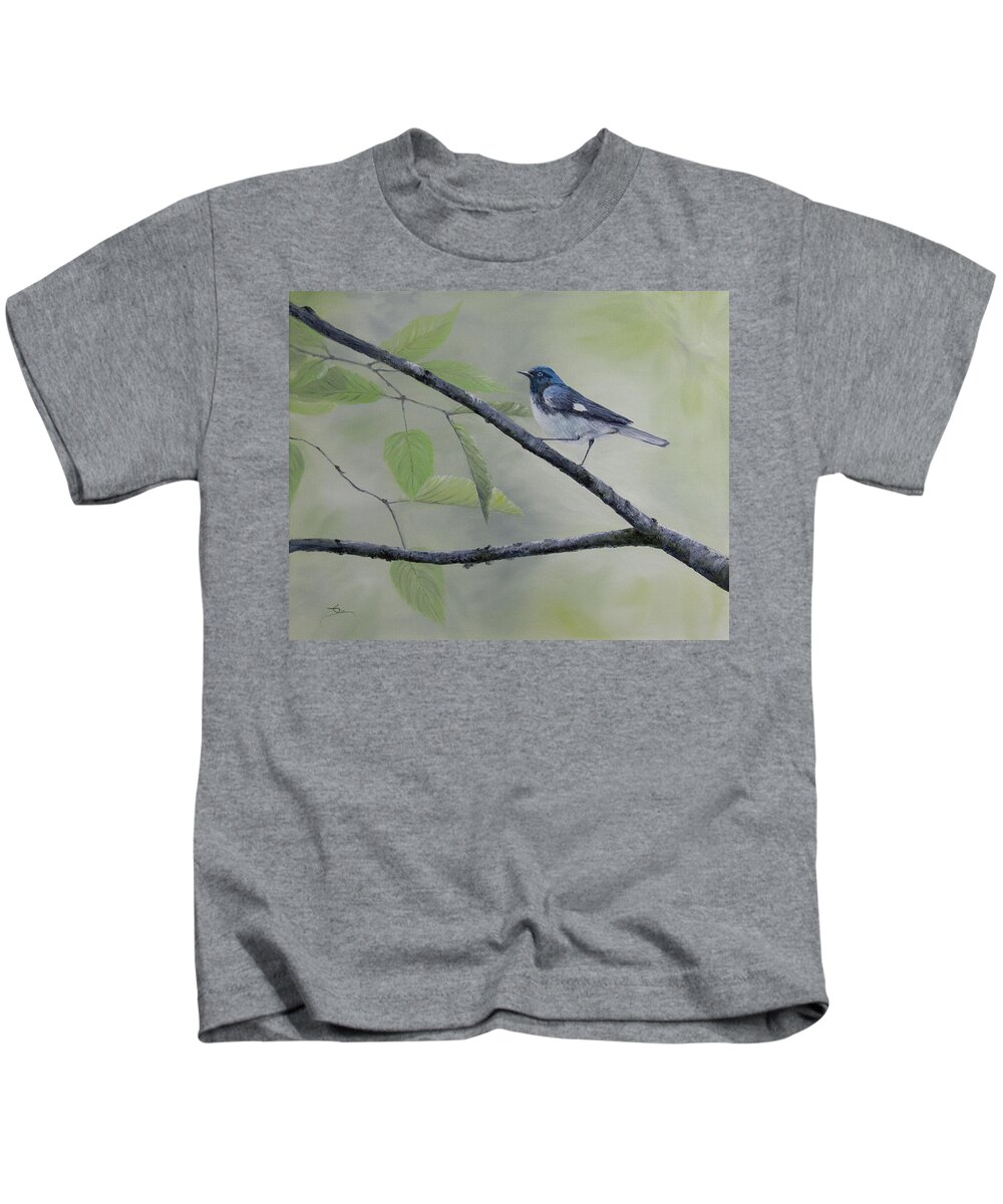 Warbler Kids T-Shirt featuring the painting Black-Throated Blue Warbler by Dee Carpenter