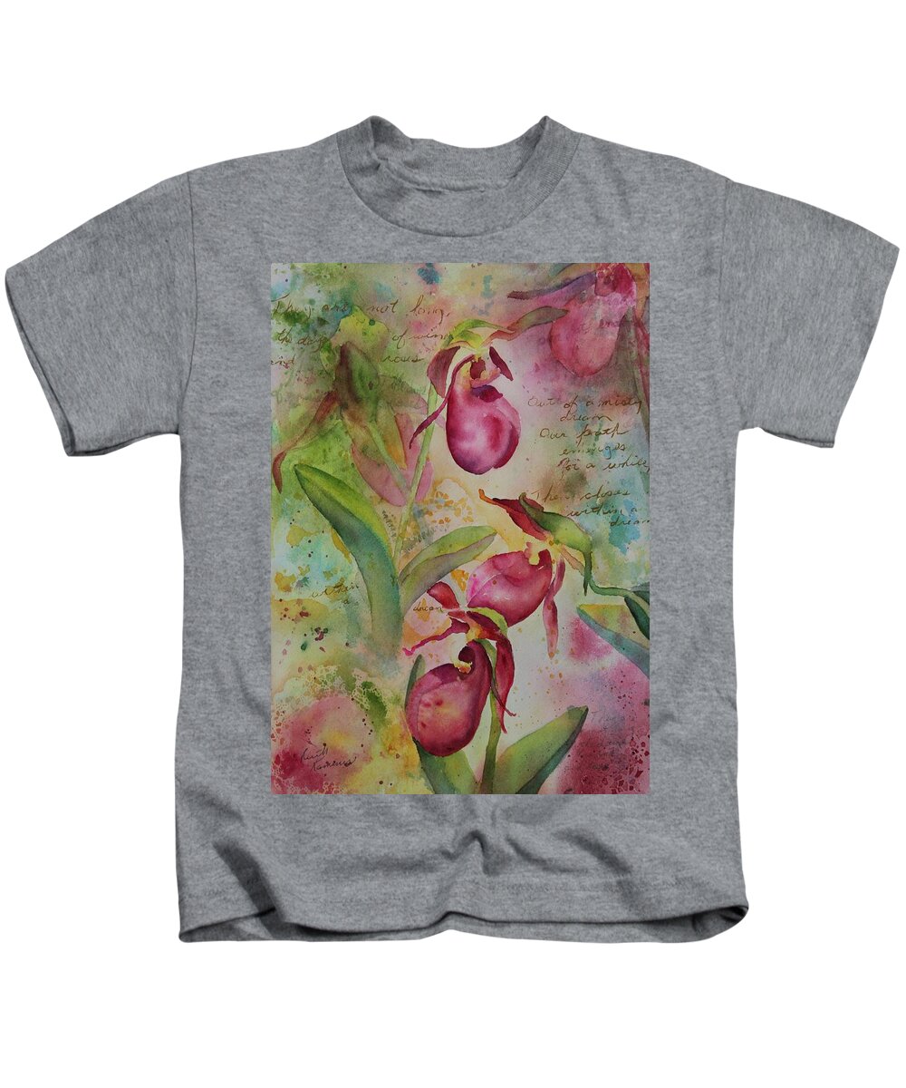 Ladyslippers Kids T-Shirt featuring the painting Days of Wine and Roses by Ruth Kamenev