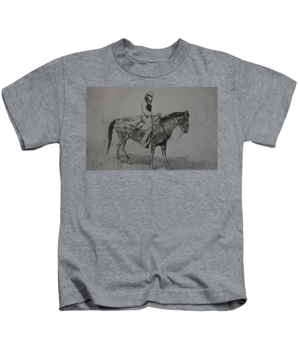 Horse Kids T-Shirt featuring the drawing Horseman by Stacy C Bottoms