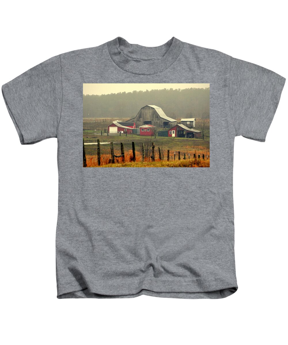Barn Kids T-Shirt featuring the photograph Misty Barn by Marty Koch