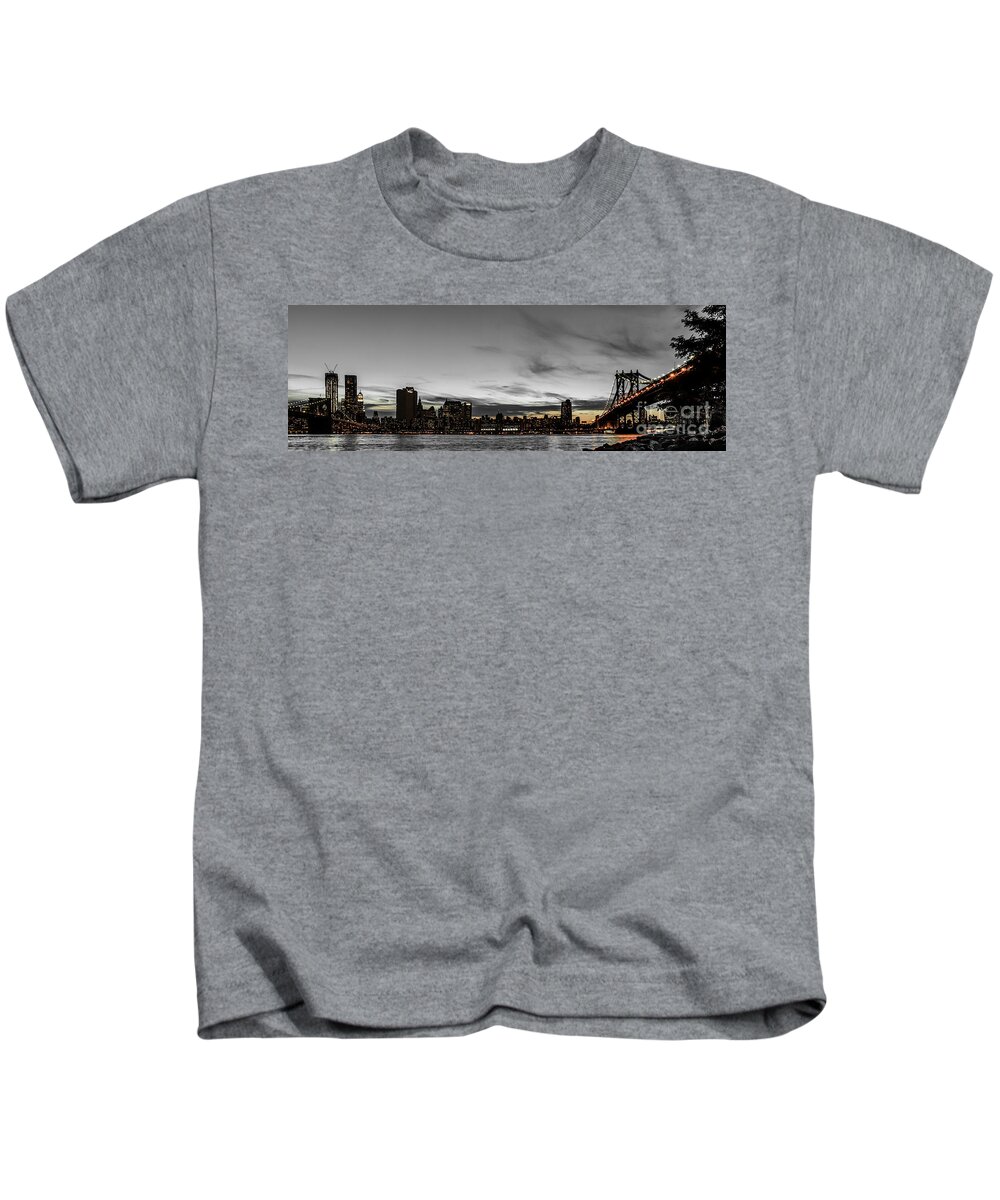 Manhattan Kids T-Shirt featuring the photograph New Yorks skyline at night colorkey by Hannes Cmarits