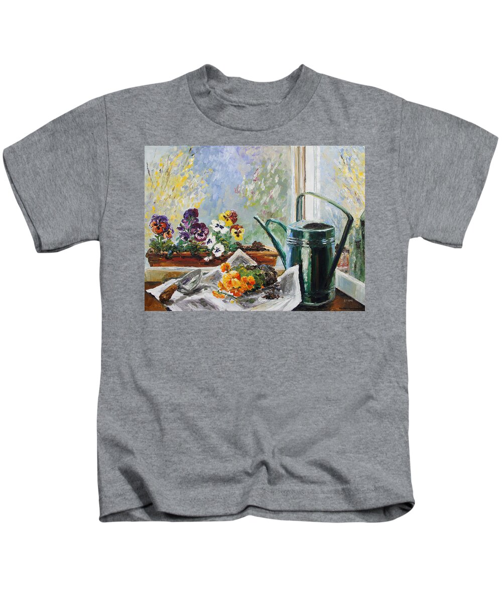 Spring Kids T-Shirt featuring the painting Pansies For My Window Box by Barbara Pommerenke