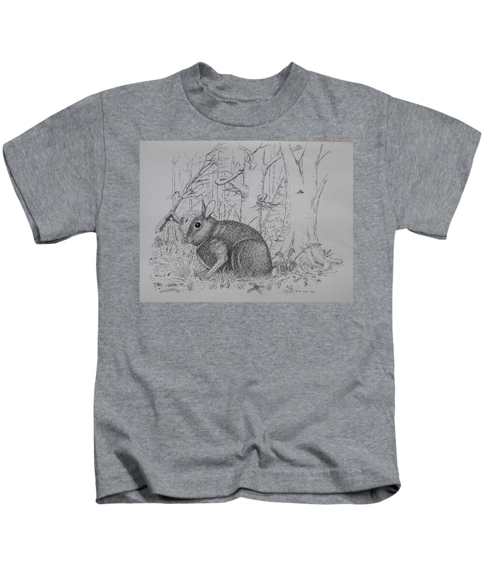 Nature Kids T-Shirt featuring the drawing Rabbit In Woodland by Daniel Reed