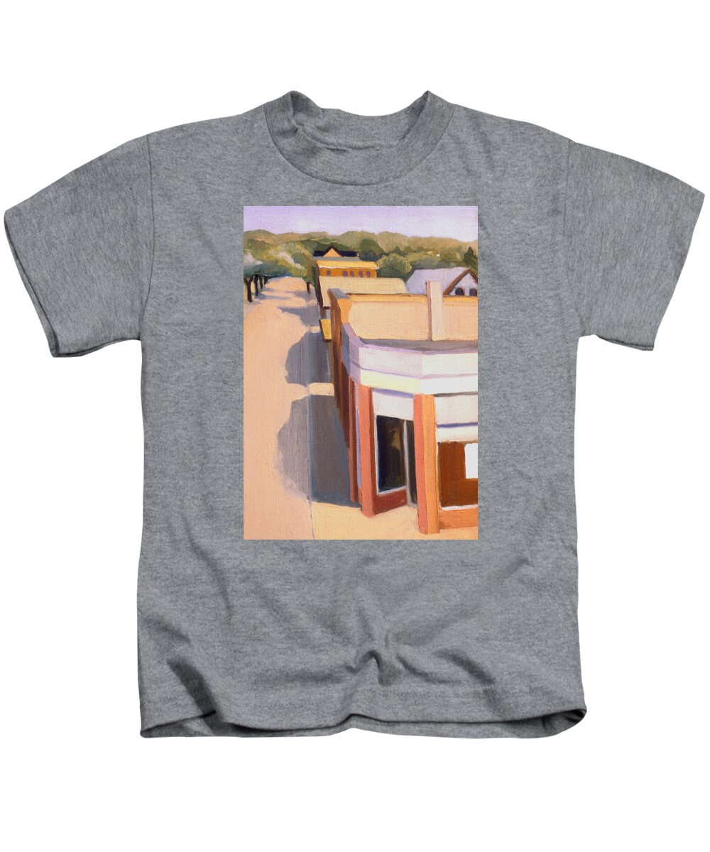 Stoneham Kids T-Shirt featuring the painting Stoneham Square Three 1979 by Nancy Griswold