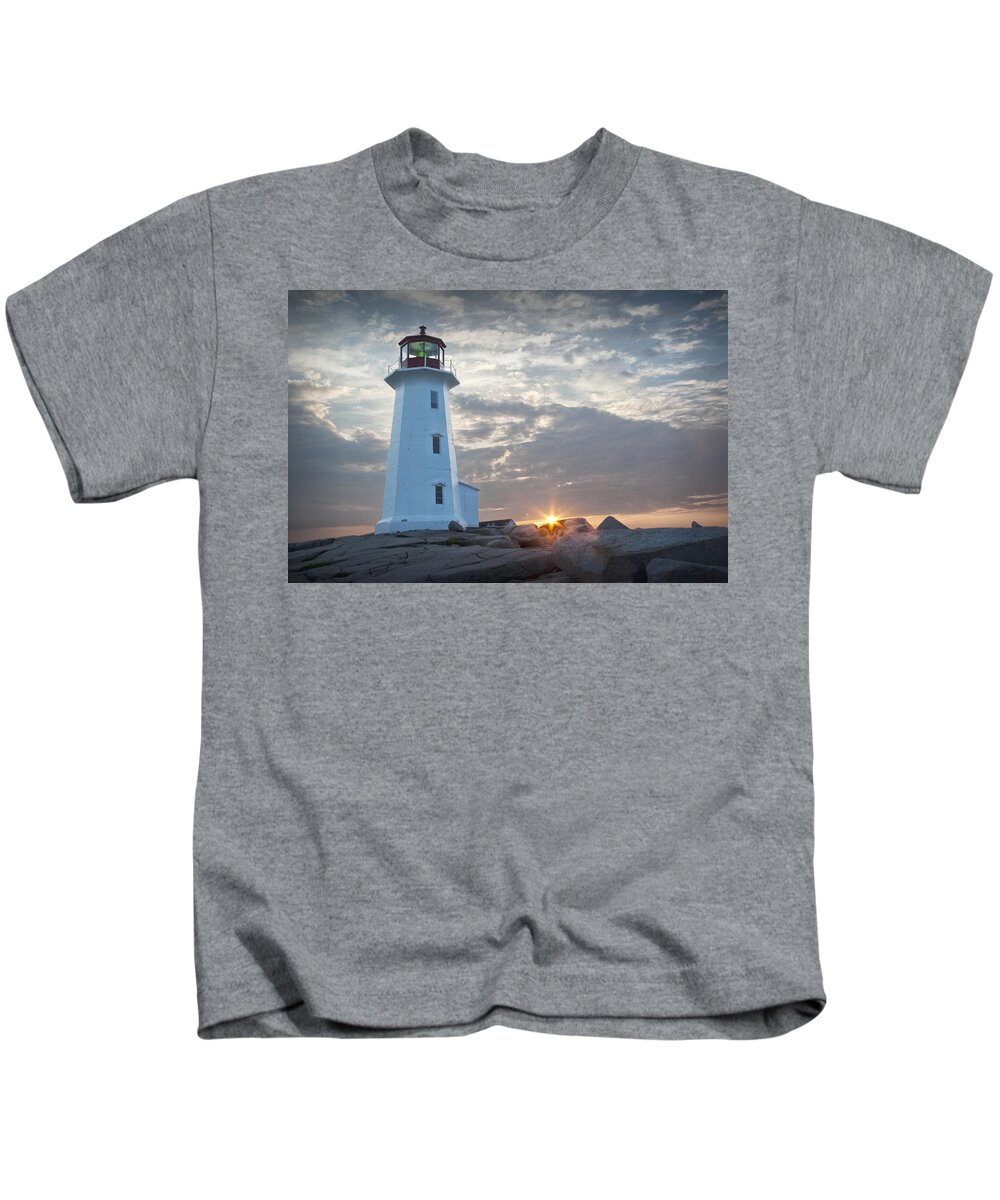 Art Kids T-Shirt featuring the photograph Sunrise at Peggys Cove Lighthouse in Nova Scotia Number 041 by Randall Nyhof