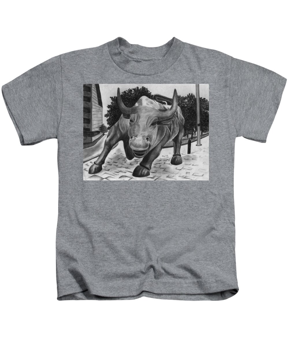 Wall Street Bull Kids T-Shirt featuring the drawing Wall Street Bull by Vic Ritchey