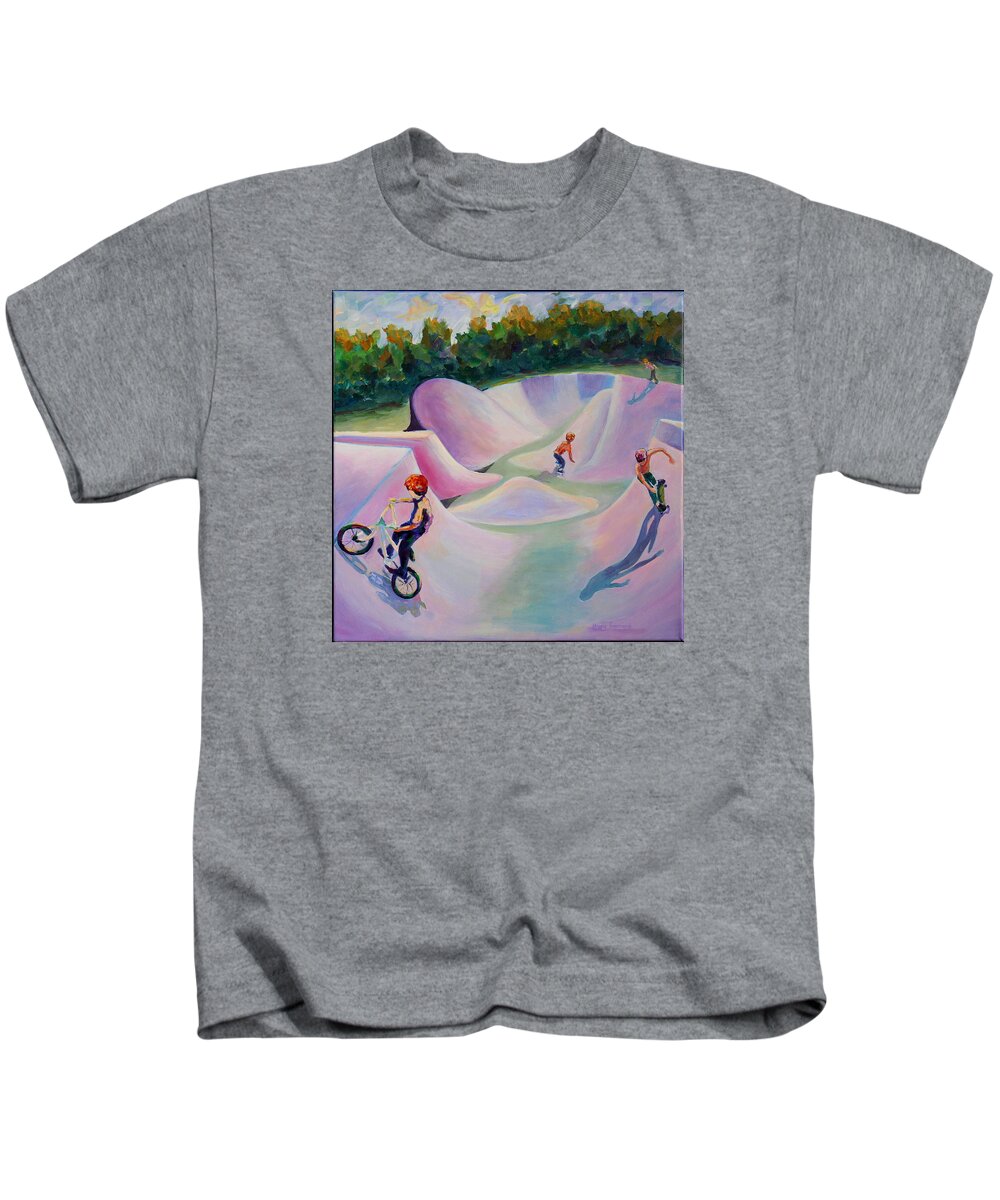 Skate Boarding Kids T-Shirt featuring the painting We Love Our Park by Naomi Gerrard