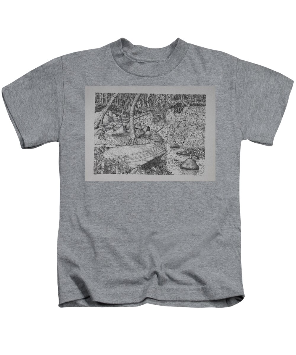 Nature Kids T-Shirt featuring the drawing Woodland Stream by Daniel Reed