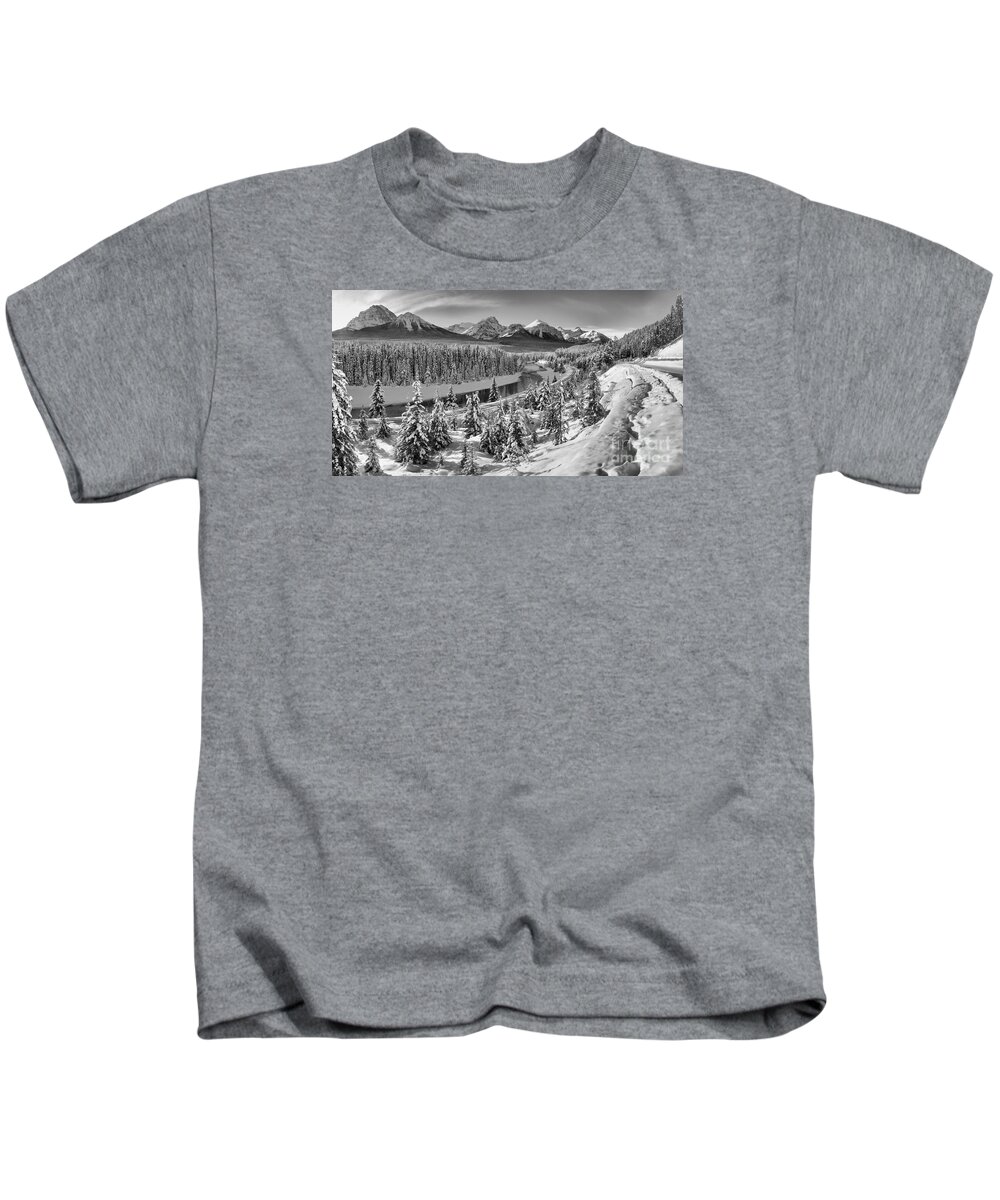  Kids T-Shirt featuring the photograph Bow Valley River View Black And White #1 by Adam Jewell