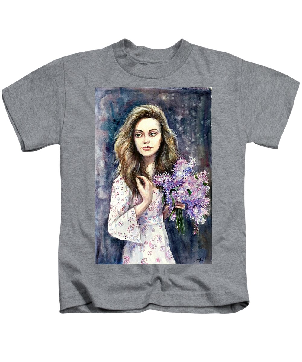 A Girl With Flowers Kids T-Shirt featuring the painting Diana #1 by Katerina Kovatcheva