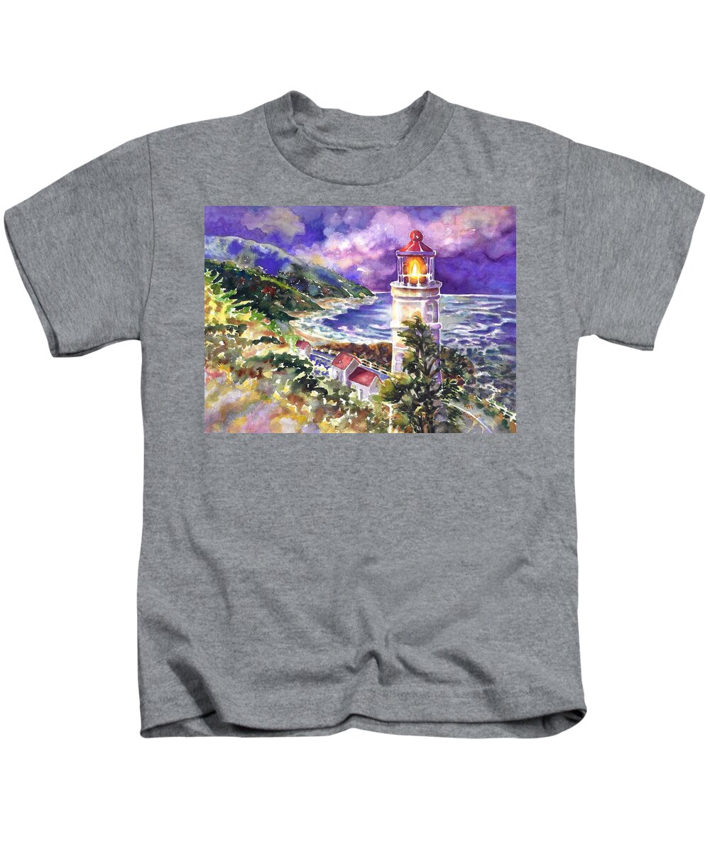 Ann Nicholson Kids T-Shirt featuring the painting Heceta Head lighthouse by Ann Nicholson