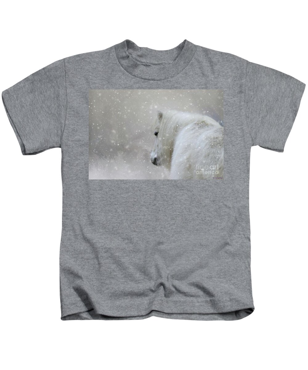 Shetland Poney Kids T-Shirt featuring the photograph On a Cold Winter Day by Eva Lechner
