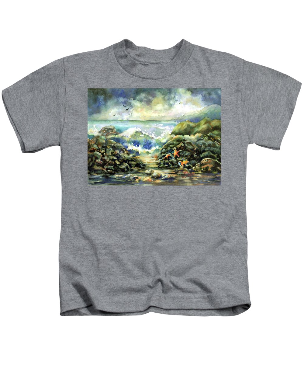 Watercolor Kids T-Shirt featuring the painting On The Rocks by Ann Nicholson