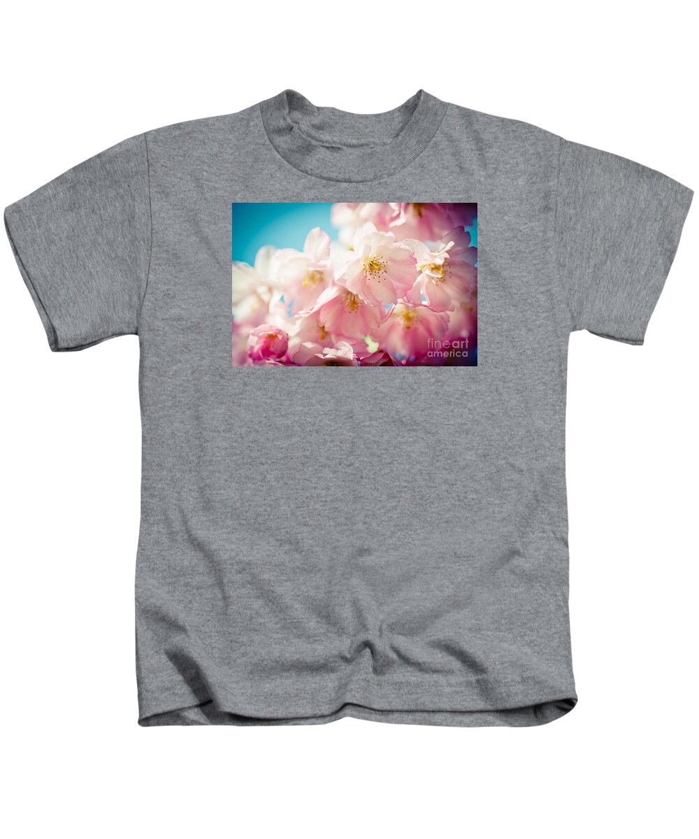 Sakura Kids T-Shirt featuring the photograph Pink Cherry Blossoms Closeup #1 by Raimond Klavins