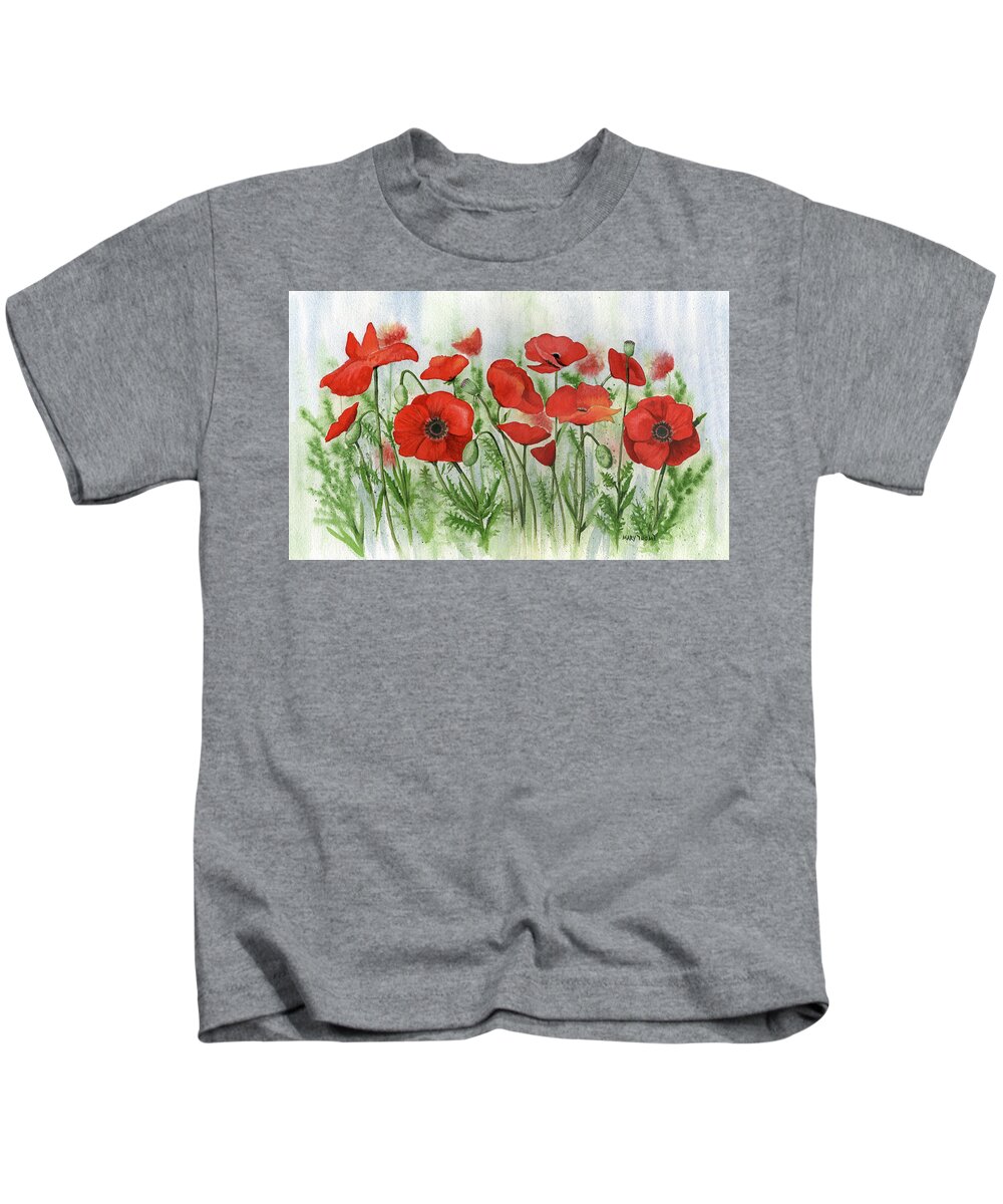 Red Kids T-Shirt featuring the painting Poppies #1 by Mary Tuomi