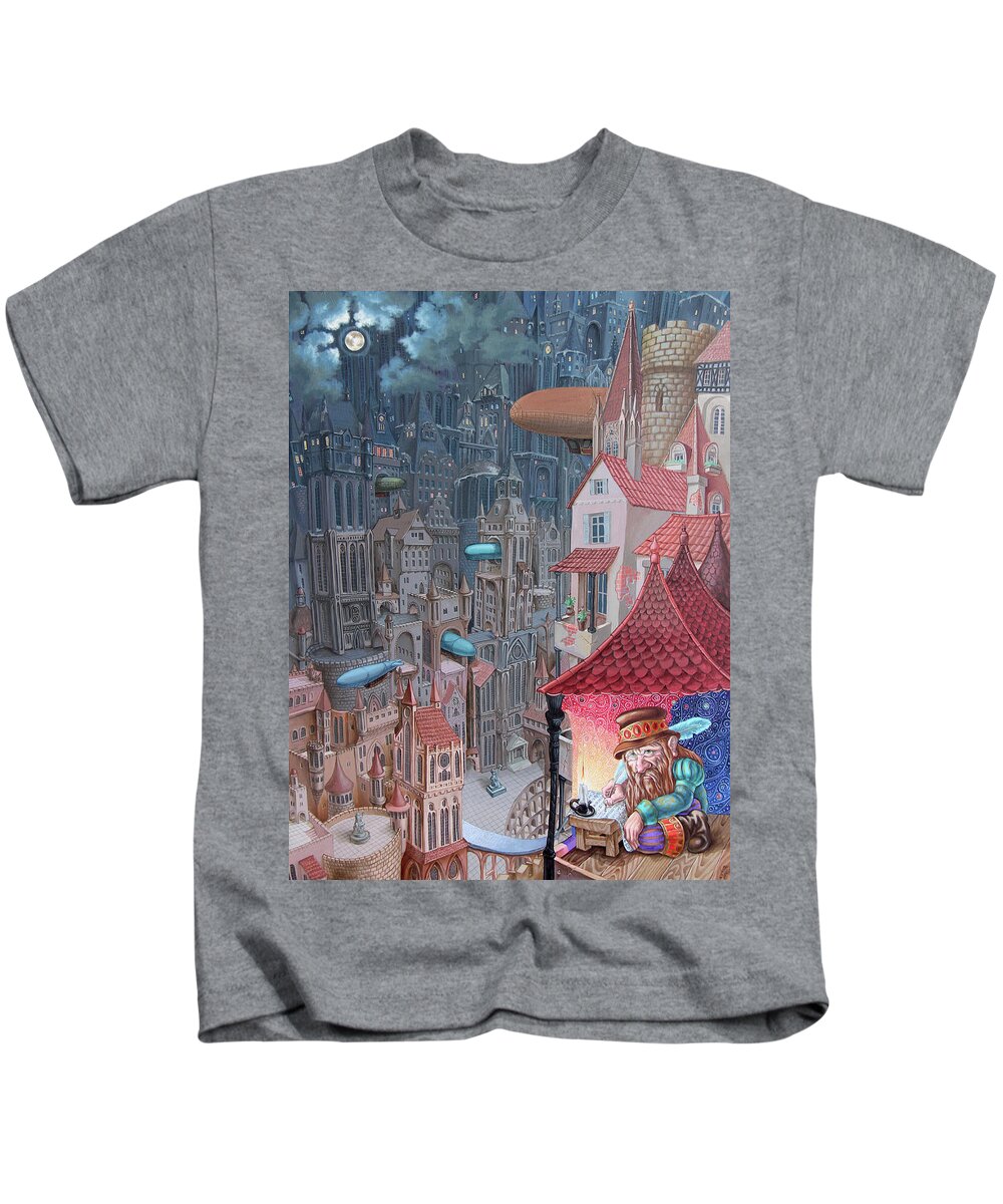 Dieselpunk Kids T-Shirt featuring the painting Saga of the City of Zeppelins #1 by Victor Molev