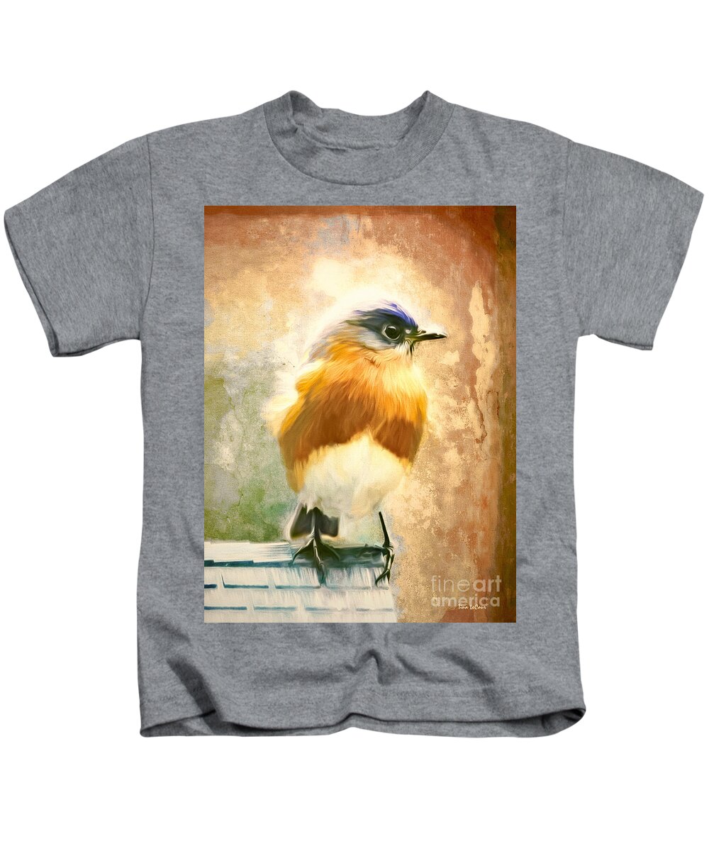 Bluebird Kids T-Shirt featuring the painting Strapping Bluebird by Tina LeCour
