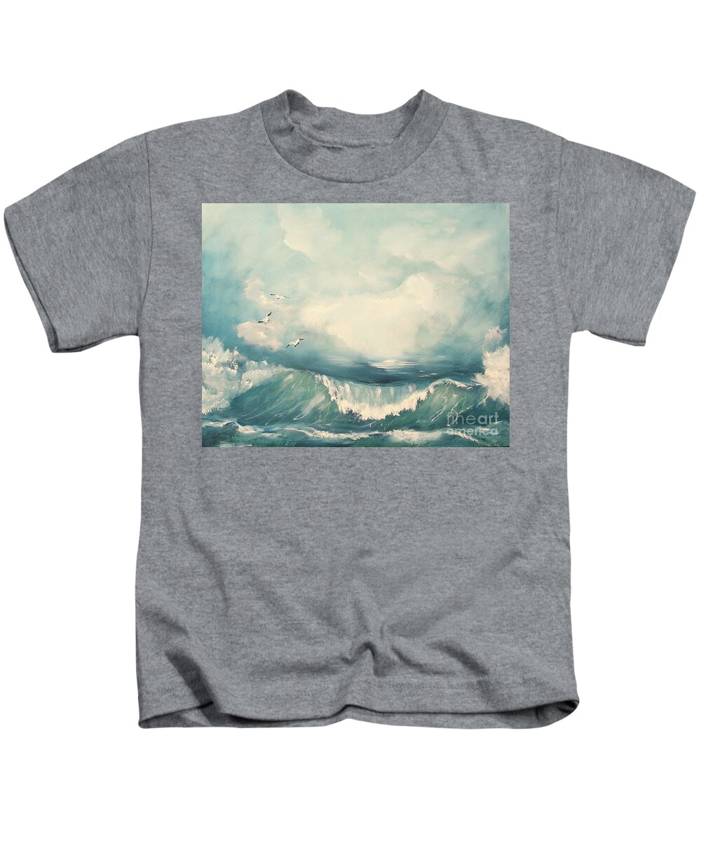 Tide Ocean Wave Water Seascape Painting Acrylic On Canvas Cloud Blue Color Oceanview Seagull Seaside Atlantic Print Kids T-Shirt featuring the painting Tide #2 by Miroslaw Chelchowski