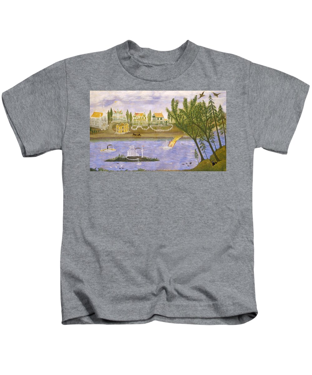 Artist Unknown Kids T-Shirt featuring the painting Village by the River #1 by American 19th Century