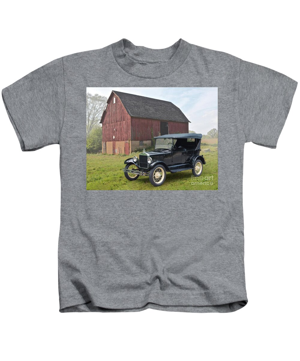 1927 Kids T-Shirt featuring the digital art 1927 Ford Model T, Miller Barn by Ron Long