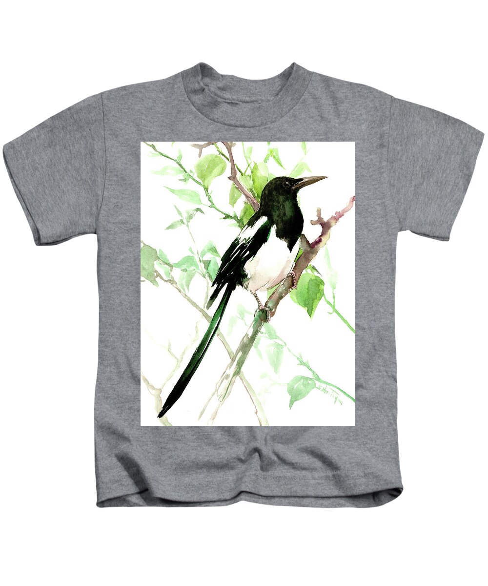 Magpie Kids T-Shirt featuring the painting Magpie #2 by Suren Nersisyan