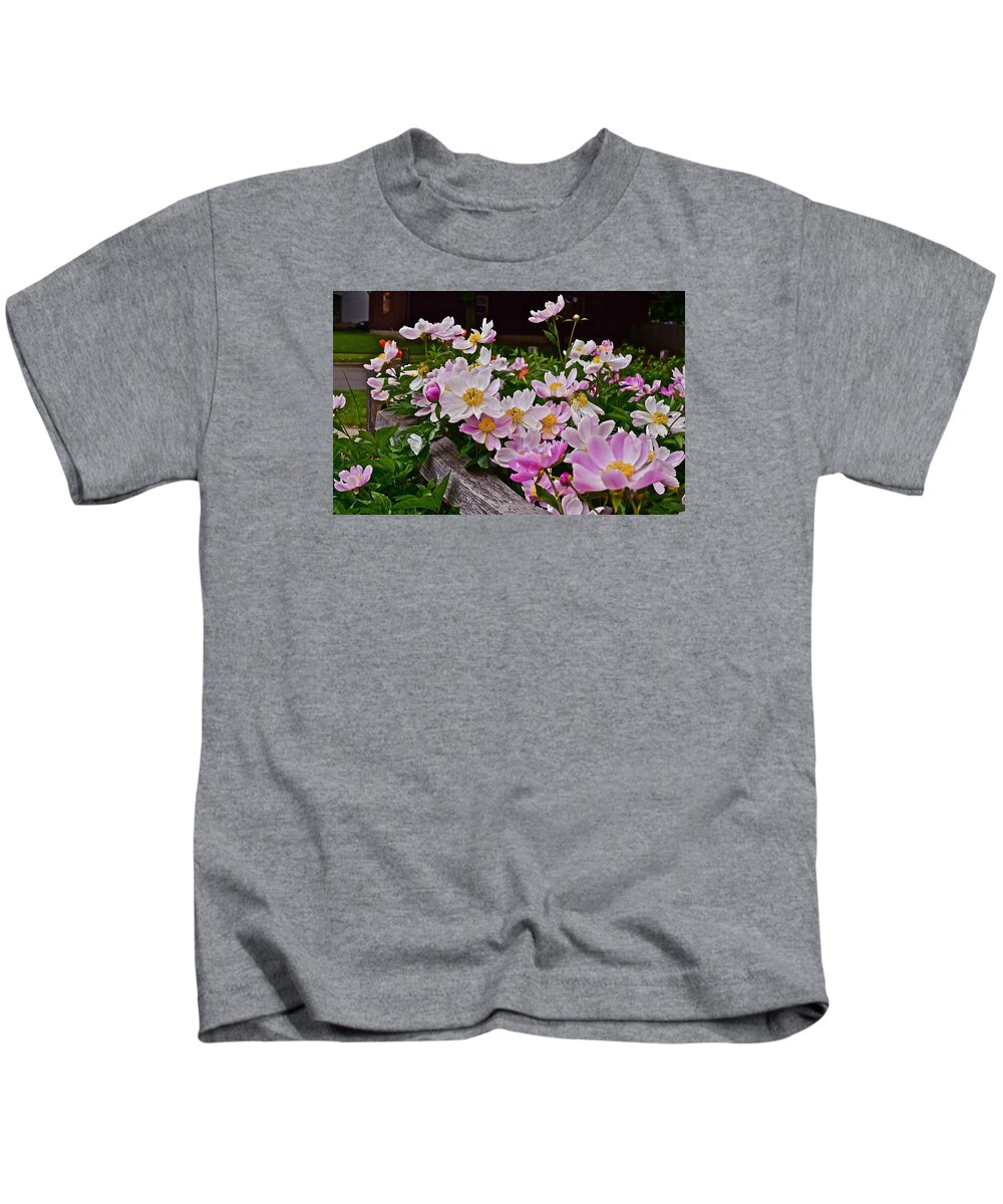 Peonies Kids T-Shirt featuring the photograph 2015 Summer's Eve Neighborhood Garden Front Yard Peonies 4 by Janis Senungetuk