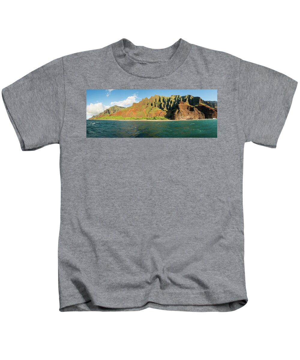 Boat Kids T-Shirt featuring the photograph Na Pali coastline taken from sunset cruise along Kauai shore #5 by Steven Heap